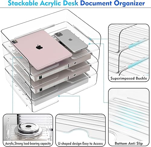 LATERN 4 Pièces Organisateur de Bac à Courrier, A4 Acrylique Corbeille à Papier Empilable Porte-Documents Transparent Organiseur de Bureau pour Livres Notes Papier Maison Bureau École Organiser - Nail Gallerys