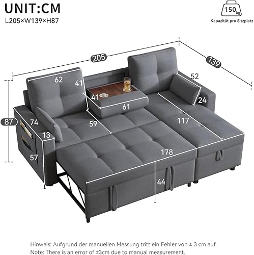 Seyakany Canapé d'angle Convertible avec équipé d'un Espace de Rangement et d'un Porte-gobelet Rabattable,canapé Convertible 3 Places Moderne en Forme de L,canapé lit gigogne,Lin (Gris) - Nail Gallerys