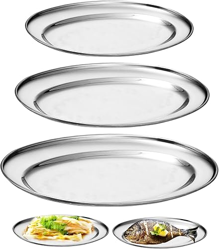 Nizirioo Lot De 3 Plateau De Service, Plateaux Ovales En Acier Inoxydable, Plateaux De Service Ovale Plat Inox Bol Décoratif Pour Présenter Des Fruits, Des Légumes, Des Bonbons (Argenté) - Nail Gallerys