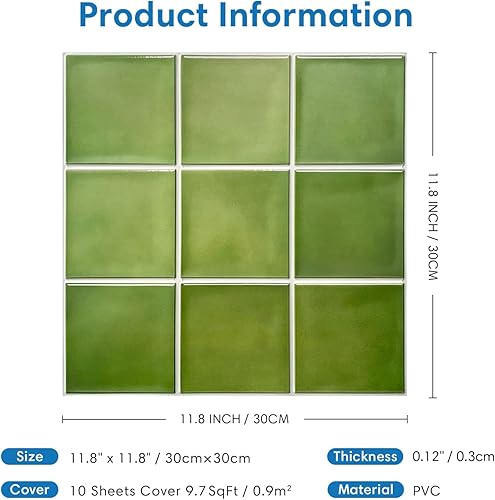 COMSTICKC autocollants pour carrelage de cuisine, carrés en PVC vert sauge mat, 10 pièces, carrelage mural autocollant, 30 x 30 cm - Nail Gallerys