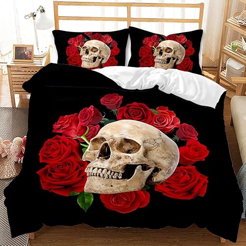 TULTOAP Parure de lit gothique - Housse de couette et taie d'oreiller - Impression 3D - Motif tête de mort - Motif : fleurs et crânes peints à la main - 220 x 240 cm - Motif tête de mort rose - Nail Gallerys