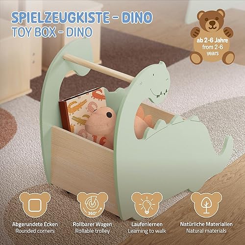 Joyz Coffre à Jouets en Bois, Design Dino, 57x31,5x49 cm, Vert-Nature, Bibliothèque avec Espace Ouvert, Chariot à roulettes, Boîte avec Espace de Rangement, Trotteur Pratique pour Chambre d'enfant - Nail Gallerys