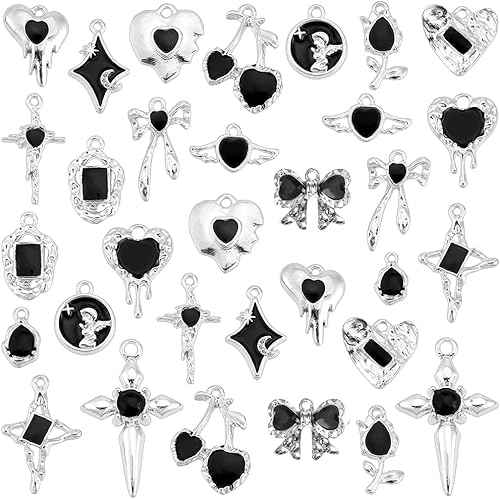 PH PandaHall 32pcs 16 styles Pendentifs à Breloques Gothiques en Émail, Breloques Noires Suspendues en Forme de Cœur en Alliage Gothique Pendentif Bracelet Breloques en Vrac pour Bijoux - Nail Gallerys