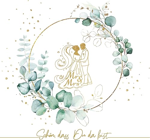 Lot de 20 serviettes de table en forme d'eucalyptus avec couple de mariés - Doré/blanc - Pour mariage, fiançailles, mariage - Décoration de table de mariage - 33 x 33 cm - Nail Gallerys