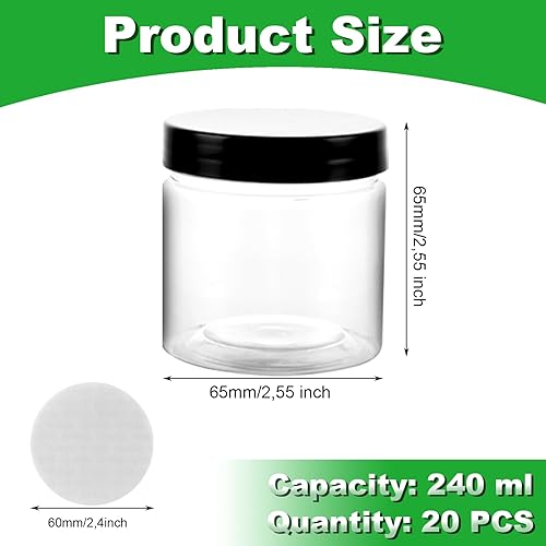 FWEEK 20 pcs. Set de bocaux à provisions sans BPA, 240ml Set de bocaux à provisions, Récipients étanches à l'air en plastique avec couvercle, Bocaux à provisions en plastique pour la cuisine - Nail Gallerys