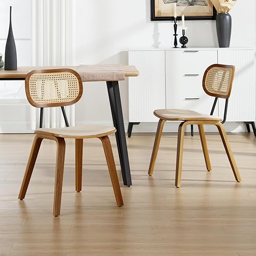 chairus Lot de 2 Chaises de Salle à Manger avec Pieds Bois Chaise Rembourrée en Cuir PU pour Salon Chaises de Cuisine avec Dossier Rotin, Beige - Nail Gallerys