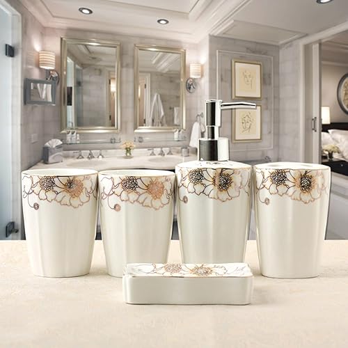 Tauzveok Ensemble d'accessoires de Salle de Bain 5 pièces, Distributeur de Savon, Porte-Brosse à Dents, gobelet de Salle de Bain, Porte-Savon décor de Salle de Bain,Rose - Nail Gallerys