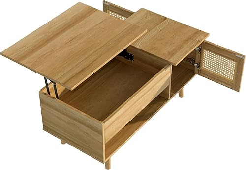 Sweiko Table Basse multifonctionnelle avec Plateau relevable et Porte en rotin, Table de Rangement de Salon avec Espace de Rangement Pratique et Design Fonctionnel (103 L x 50 B x 46 H) - Nail Gallerys