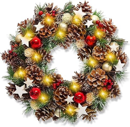 VIPNAJI LED Couronne de Noel Porte 35 cm Couronne Fleurs Artificielle Suspendues Décoration Noel avec Bowknot Jingle Guirlande Sapin de Noël Porte Décoration de Guirlande pour Cadre de cheminée Murale - Nail Gallerys