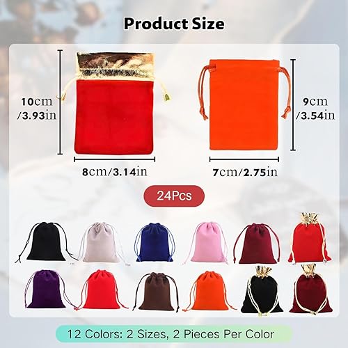24 Sachets en Velours à Cordon 12 Couleurs - Sacs Souples pour Bijoux, Anneaux, Cadeaux, Mariages et Fêtes - Emballage Cadeau Élégant - Nail Gallerys