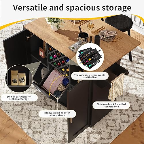 Zepneiy Îlot de Cuisine (135 × 46 × 86,6 cm) avec cloisons Amovibles, roulettes Amovibles, desserte avec établi, Plateau en similibois, avec Porte Serviettes latéral, Noir - Nail Gallerys