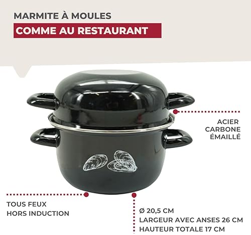 Fackelmann 66039 Marmite à moules en acier émaillé, Marmite à moules individuelle, Marmite à moules noire, Cocotte à moules, coquillages, Acier Carbone, Email, Noir, 20,5 x 26 x 17,5 cm - Nail Gallerys