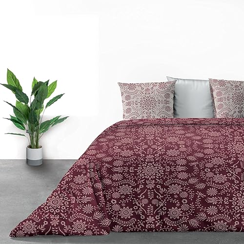 Les Ateliers du Linge Parure de lit Bio Vishka Bordeaux avec Housse de Couette et taie(s) d'oreiller imprimé 240 x 220 cm - Nail Gallerys