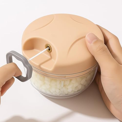 Mini Picadora Manuel de Verduras avec Cuerda - Cortador de Cebolla, Ajo, Chili y Más | Compacta, Sin Electricidad, Tapa Color Salmón - Nail Gallerys