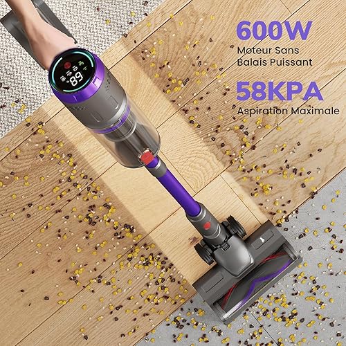 Circlio Aspirateur Balai sans Fil 600W/58000Pa/80min, Aspirateur sans Fil Puissant avec Écran LED Intelligent, Brosse Anti-emmêlement, Station de Charge, pour Tapis, Sols Durs, Poils d'animaux - Nail Gallerys