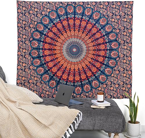 RAJRANG Tapisserie Mandala Paon Coton Tenture Murale Bleu Doré pour Chambre Salon 76x102cm - Nail Gallerys