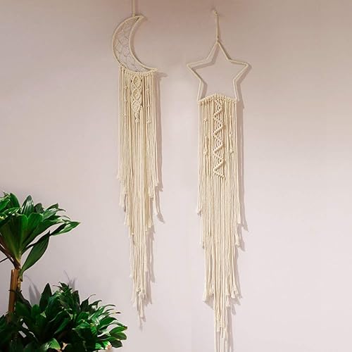 Shiwaki 2 pcs Macramé Tenture Murale étoile Lune Dream Catcher Tapisserie Bohème Décor à La Maison Tissé à La Main Décoration pour Chambre Maison De Mariage Ornement Artisanat Cadeau (Beige) - Nail Gallerys