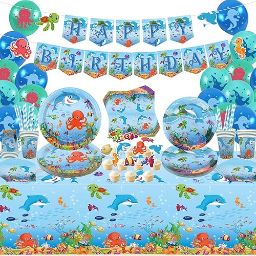 LSJDEER Fourniture de la fête motif Sous la mer - Vaisselle Ocean Sea Party - Assiettes, Tasses, Serviettes, Gâteaux pour décorations de fête d'anniversaire du monde sous-marin, Pour 20 personnes - Nail Gallerys