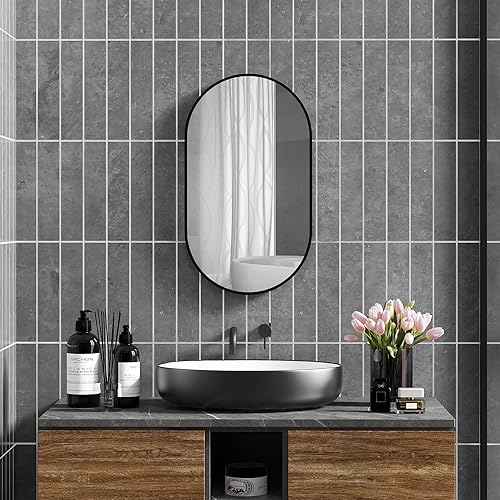 HOMCOM Miroir Mural Ovale, Miroir Salle de Bain, 40 x 70 cm, Cadre Arrondi en Alliage d'aluminium, Montage Vertical ou Horizontal, décoration Murale pour Salle de Bain, Salon, Chambre, Noir - Nail Gallerys