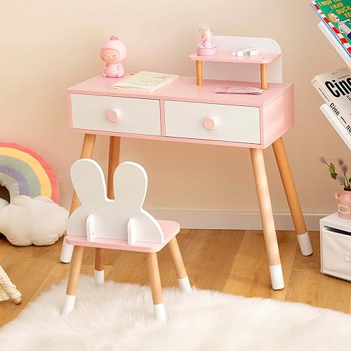 DREAMADE 2 en 1 Coiffeuse Enfant Fille avec Miroir Amovible&Tabouret Table de Maquillage Enfant 3+ Ans,Pieds en Bois,2 Tiroirs,Coiffeuse Princess Tout-Petits Charge 50 KG(Lapin Blanc) - Nail Gallerys