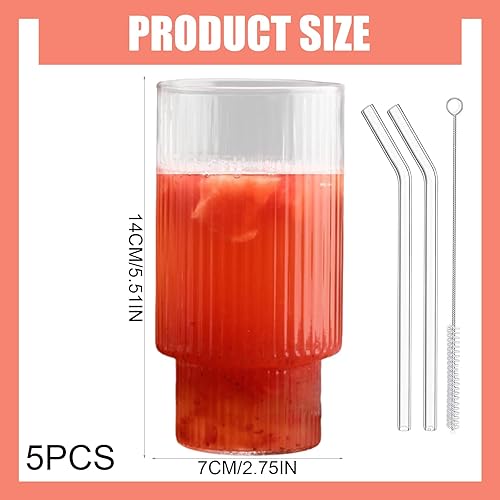 Lot de 2 verres nervurés de 300 ml/480 ml avec 2 pailles en verre pour café glacé - Vintage - Réutilisables - Verrerie transparente pour jus, thé, café, coocktail (300 ml) - Nail Gallerys