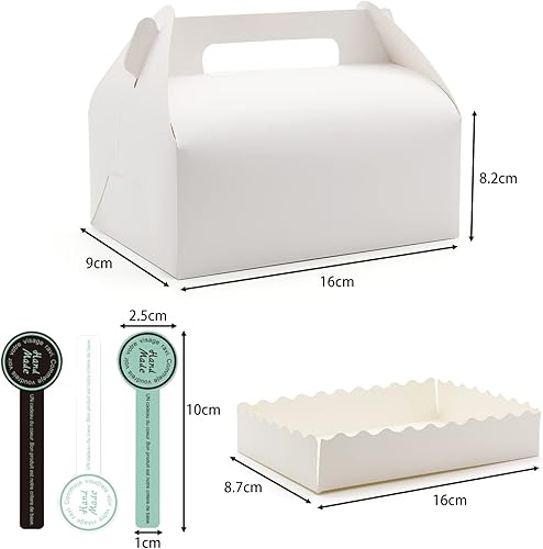 PHULWEL Boîtes à biscuits avec plateau en papier et poignée,20 pièces boîte de transport avec autocollants, boîtes cadeaux en papier pour biscuits, emballages pour pizza(16 x 9 x 8 cm, Blanc) - Nail Gallerys