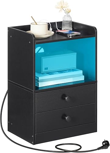 HOOBRO Table de Chevet avec Bande LED, Station de Charge, Table d’Appoint avec 2 Tiroirs, pour Chambre, Salon, Moderne, Blanc EWT28CDBZ01 - Nail Gallerys