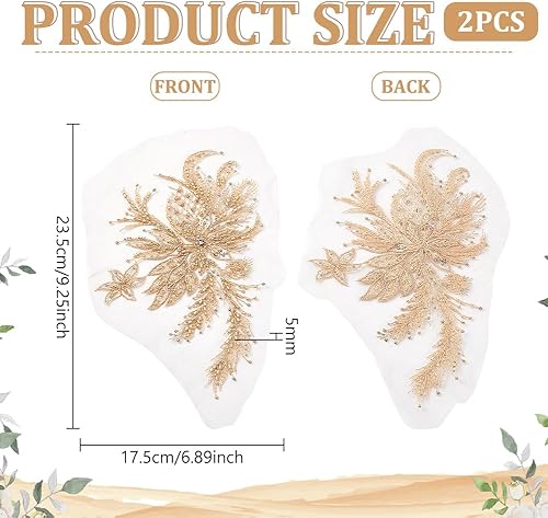 NBEADS 1 Paire Appliques en Dentelle Fleurie, Patch en Dentelle Brodée en Polyester Applique en Perles et Paillettes à Coudre Sur des Vêtements pour Couture Robe de Mariée Décoration, Or 23.5x17.5cm - Nail Gallerys