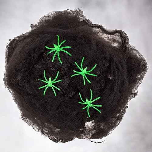 MIJOMA Toile d'araignée artificielle 28 g pour décoration effrayante d'Halloween - Comprend 4 araignées en plastique - Filet réaliste pour 6-8 m² (noir) - Nail Gallerys