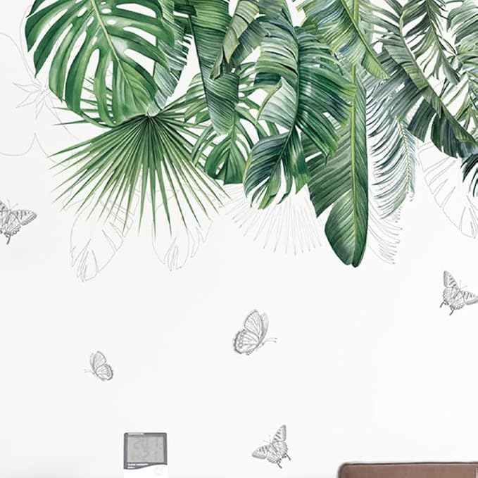 Sticker mural motif feuilles de palmier tropicales avec papillons 115 cm x 62 cm - Nail Gallerys