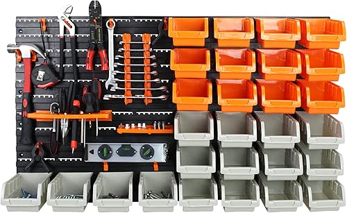Todeco Etagere de Rangement Garage Panneau Perforé avec 28 Boîtes de Rangement, Bac de Rangement Atelier Bricolage, Lot de 46 Ensemble Casiers de Rangement et Crochets, 96 x 54 cm - Nail Gallerys