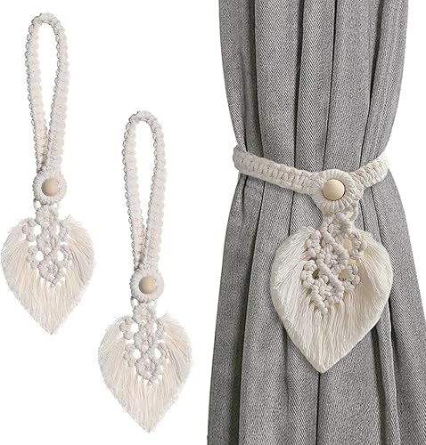 txs 2 Pièces Embrasses de Rideaux Bohèmes Embrasse pour Rideaux Attache Rideau Attaches de Rideaux Tissées Feuilles Coton Macramé Pinces à Rideaux pour Salon Salle Chambre Bureau, Beige - Nail Gallerys