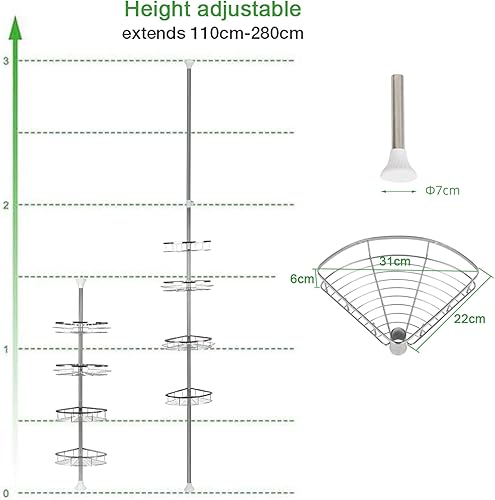 MINGYI Étagère de Douche Télescopique, 4 Étagère, Étagère Salle de Bain en Acier Inoxydable et Plastique, Étagère d'angle Douche sans Perçage, Réglable en Hauteur 120-304 cm (Beige) - Nail Gallerys