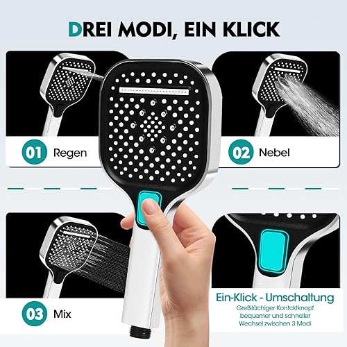 Pommeau de douche à économie d'eau avec 3 types de jet (pluie/massage/mix) - Douchette à main haute pression - Grand panneau (130 mm) - Chromé - Facile à installer - Anti-calcaire - Idéal pour basse - Nail Gallerys