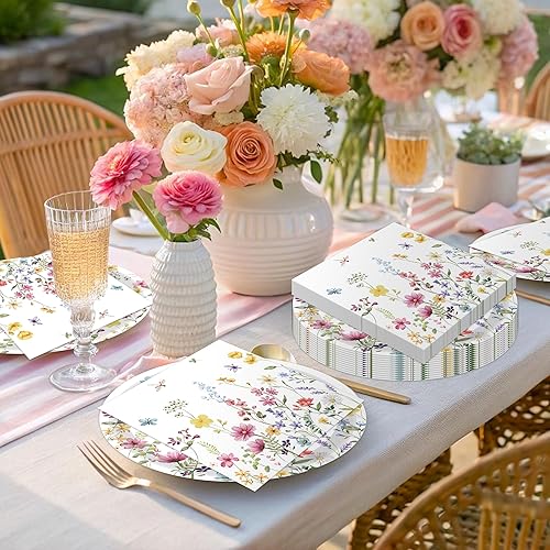 LaVenty fleur assiette anniversaire 52pcs fleur party vaisselle kit vaisselles anniversaire assiette dîner papier tasse serviette réutilisable couverts party fête decoration - Nail Gallerys