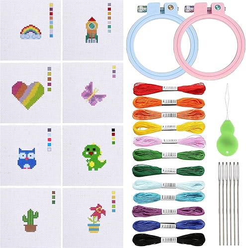 BDSHUNBF 8 Kits de Broderie, Kits de Démarrage de Broderie, Broderie Débutant Outil, Embroidery Débutants Pour Adultes Enfants Kit, avec Motifs de Point de Croix Instructions - Nail Gallerys