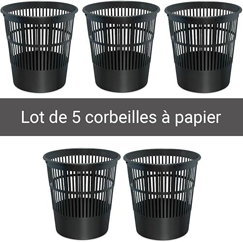 Waytex Lot de 5 Poubelles de bureau noir – Corbeilles à papier en plastique ajouré pour bureau, chambre– Contenance 16L – Couleur Noir - Nail Gallerys