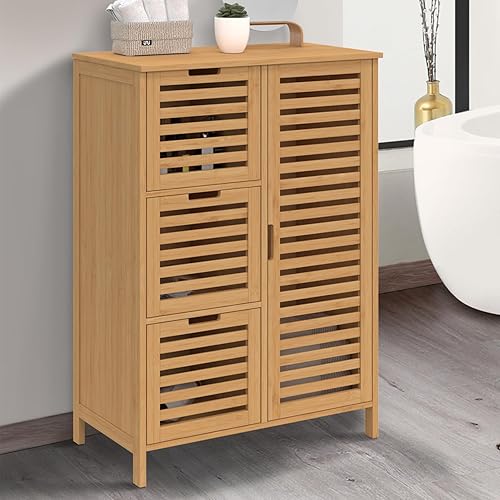 IDMarket - Meuble de rangement salle de bain bambou BEA 3 tiroirs avec placard - Nail Gallerys