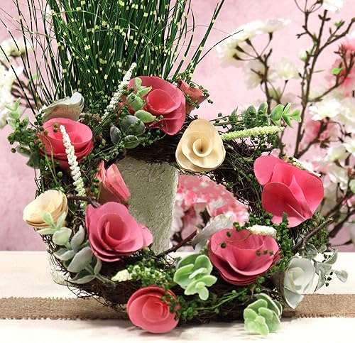 com-four® Couronne de Porte printanière avec Fleurs en Bois - Couronne de Table décorative - Couronne de décoration avec Cintre - Diamètre env. 30 cm - Nail Gallerys