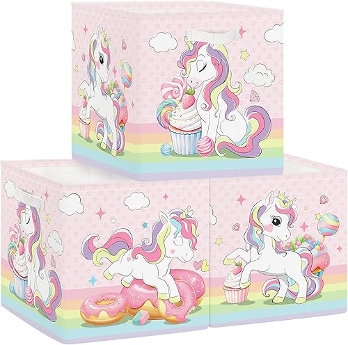 HUUMONSS 30cm Boîtes de Rangement Lot de 3 Licorne Livres Rangement de Vêtements pour Placard Étagères Coffre à Jouets Enfant Arc-en-ciel Desserts Macaron - Nail Gallerys