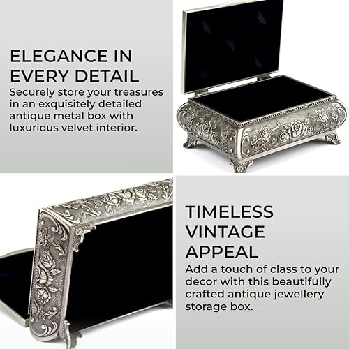 HS Boîte à Bijoux Ancienne Argent - Boite Vintage en Métal Style Floral pour Colliers & Bagues - Coffret de Rangement a Bijoux Design avec Doublure Douce Effet Velours - Nail Gallerys