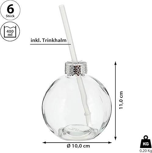Cepewa Lot de 6 verres à boire en forme de boule de Noël - Capacité : 400 ml - Diamètre : 10 cm - Verre avec paille - Nail Gallerys