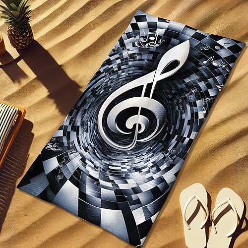 Serviette de plage en microfibre avec notes de musique - Motif clé de sol noire et argentée - Séchage rapide - Absorbante - Anti-sable - Légère - Pour les vacances, la piscine et la salle de sport - Nail Gallerys