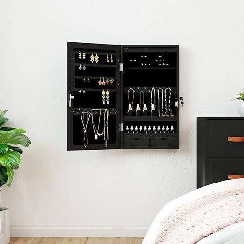 vidaXL Armoire à bijoux avec miroir et éclairage LED mural noir, armoire à bijoux, organisateur de bijoux, armoire à bijoux avec miroir - Nail Gallerys