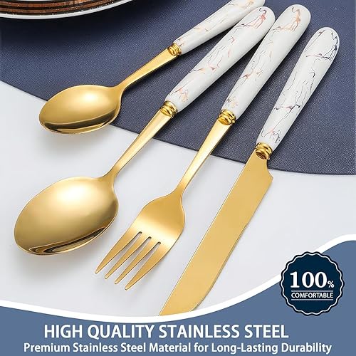 Ensemble de Couverts en or, Ensemble de Couverts de 24 Pièces avec Support en Argenterie, Avec en Acier Inoxydable, Service pour 6 Personnes, Ensemble de Vaisselle D'ustensiles de Cuisine (Blanc) - Nail Gallerys