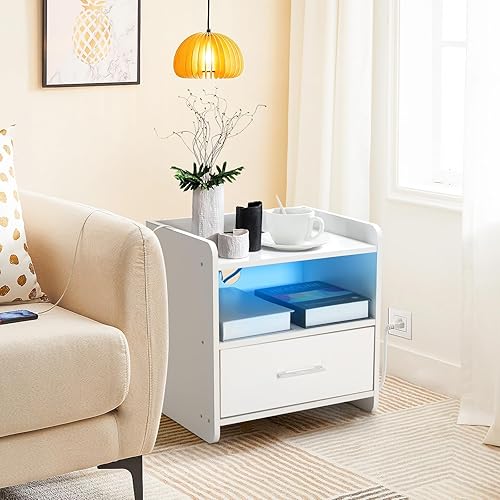 LEADZM Table de Chevet avec lumières LED avec Station de Charge et Ports USB,Table d'appoint, Commode de Nuit Convenant à Tous Les Lits et Chambres à Couche (1, Blanc) - Nail Gallerys