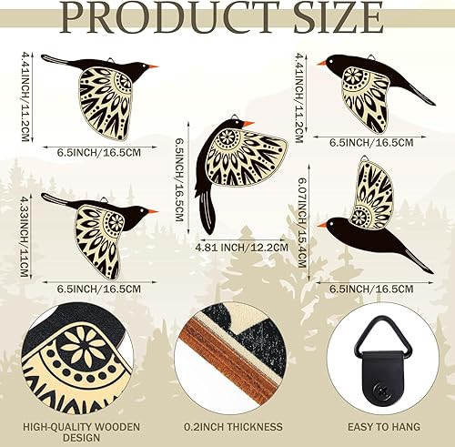 Barydat Lot de 5 oiseaux en bois - Décoration murale scandinave rustique - Décoration murale scandinave pour les amateurs d'oiseaux, salon, chambre à coucher, cuisine, bureau (noir) - Nail Gallerys