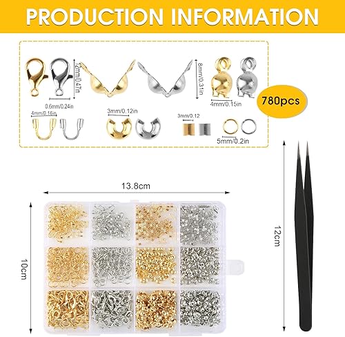 Ensemble de 782 fermoirs mousquetons argentés et dorés de 12 mm, extrémité courbée de 5 mm et fermoir de bijoux pour fabrication de bijoux - 1 pince à épiler - Nail Gallerys
