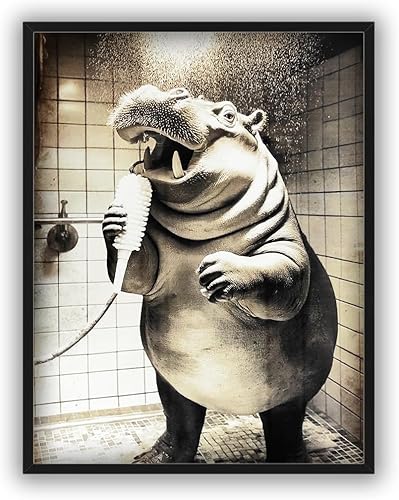 KUSTOM ART Affiche murale décorative série animaux ameublement de toilette hippopotame en douche impression artistique sur papier couché 40 x 30 cm sans cadre - Nail Gallerys