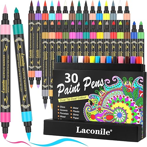 Laconile 48 Stylo à Peinture Acrylique pour Pétroglyphes,Mrqueurs Acryliques pour Céramique en Bois de Pierre de Verre, Stylo Acrylique Double tête Fine et Pointe de Brosse pour Adultes - Nail Gallerys
